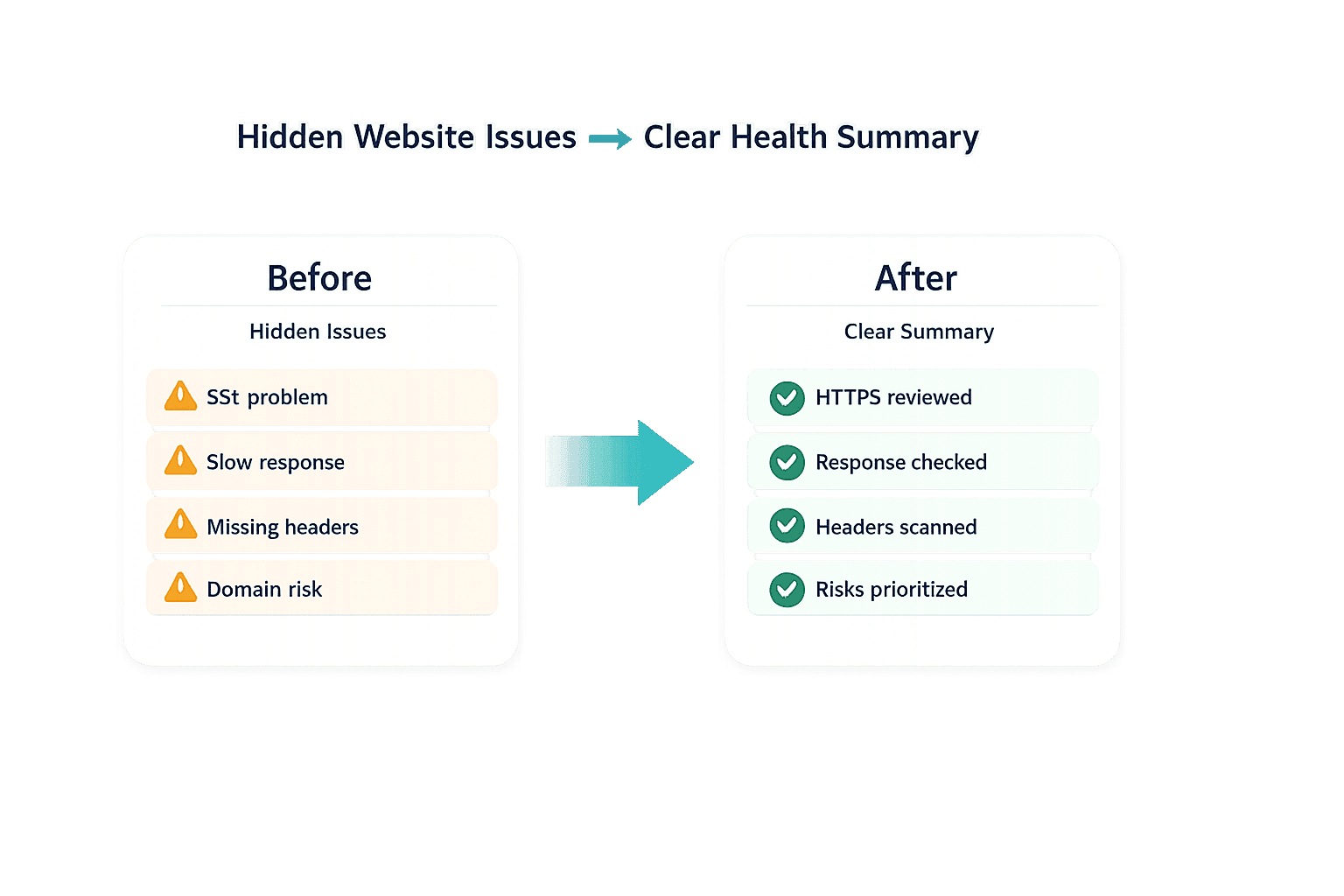 Before and after MonitorMojo workflow showing hidden website issues becoming a clear health summary
