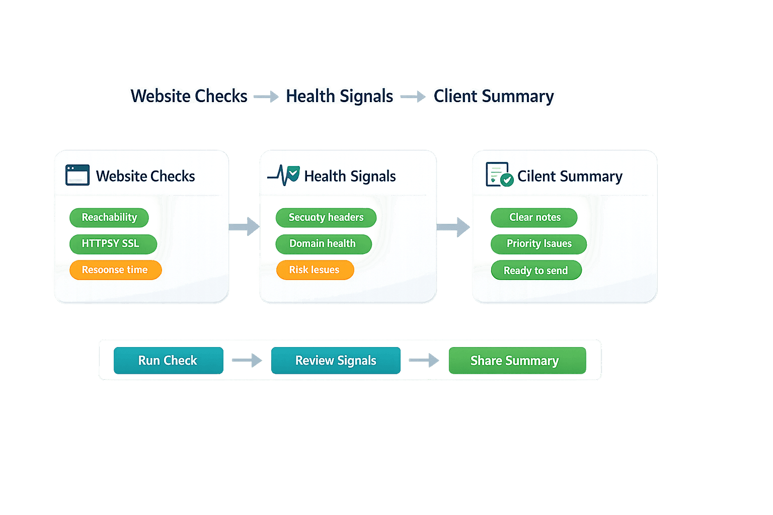 MonitorMojo workflow showing website checks becoming health signals and a client summary